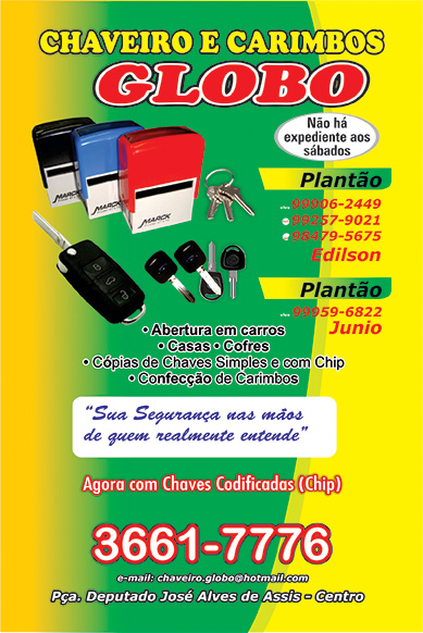  CHAVEIRO E CARIMBOS GLOBO EM MINEIROS